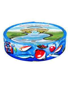 A scattered assortment of fishing lures, bobbers, and tackle illustrations, rendered in a realistic yet playful style.