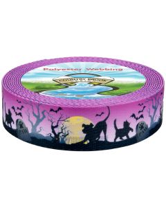 A roll of purple polyester webbing with a graveyard scene featuring a low moon, and shaddows dead trees, bats, dogs, cats, and headstones