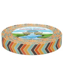 A roll of polyester webbing with blue, orange, red, and brown arrows printed onto it