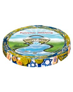 A roll of white polyester webbing with the star of David, gelts, dreidels, and minorahs printed onto it