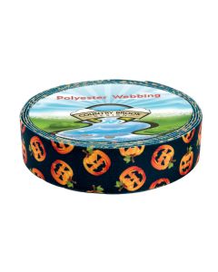 A roll of black polyester webbing featuring jack-o-lanterns scattered on it 