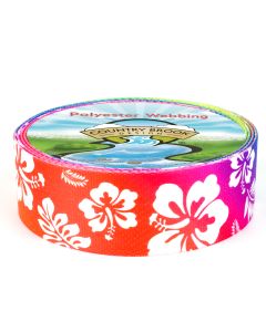 A gradient rainbow polyester webbing with white hibiscus flowers and palm leaves printed onto it