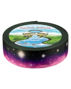 A roll of polyester webbing featuring a gradient night sky going from black to purple with stars