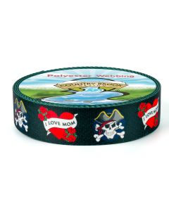 A roll of black polyester webbing with pirate skulls and hearts with "I love mom" printed onto it