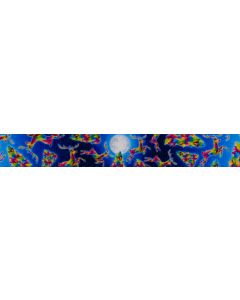 Polyester webbing featuring a blue night sky with mutil-colored reindeer and Christmas trees floating around the moon