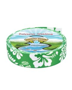 A roll of green polyester webbing with white Hibiscus flowers and palm leaves printed onto it