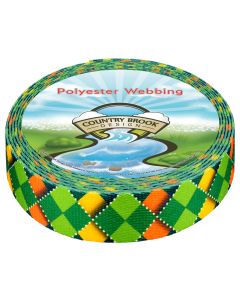 A roll of polyester webbing with green, yellow, and orange argyle diamonds printed onto it