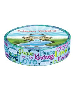 Teal, turquoise, white, pink, yellow, and black accents that pop against the pale background. The words “Peace,” “Love,” and “Kindness” in a mix of fun, hand-lettered fonts. Peace signs and heart icons interspersed throughout the design