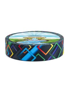 A roll of black polyester webbing with multi colored squares and lines printed onto it