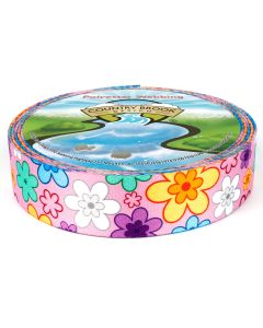 Repeating pattern of large, stylized flowers in a variety of bright colors, including white, yellow, orange, purple, blue, and green blooms