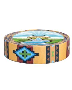 A roll of tan polyester webbing with blue, green, brown, and black aztec inspired shapes printed onto it