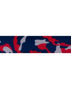 Polyester webbing with a red, blue, and grey camouflage pattern printed onto it