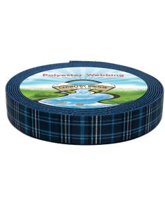 A roll of navy blue polyester webbing with light blue and grey lines to make a plaid pattern