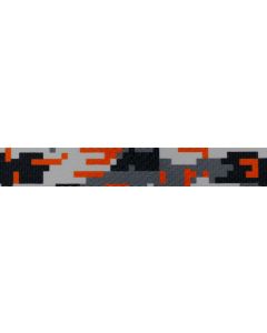 Polyester webbing with digital styled camouflage with orange, black, and grey colors