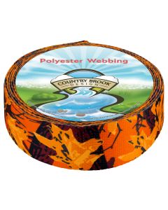 A roll of polyester webbing with orange, hunter style camouflage printed onto it