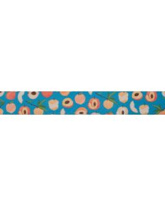 Teal polyester webbing with images of peaches and peach slices printed onto it