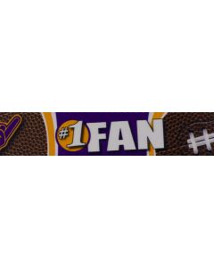 Rich purple and gold color scheme, commonly associated with team pride. Background sections that mimic the texture of a football, complete with pebble-grain detailing. White block lettering and graphics, including &ldquo;#1 FAN&rdquo;