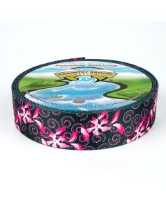 A black background accented with bright pink floral shapes and decorative swirl stitching, creating a lively, high-contrast design.