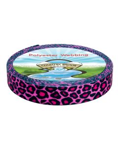 The webbing features a bold pink leopard print pattern. It showcases irregular black rosettes outlined and filled with darker tones, set against a vibrant hot pink background.