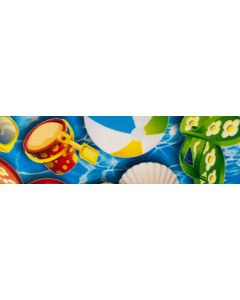 Polyester webbing with pool water and pool toys such as beach balls, sand buckets and flip flops printed onto it