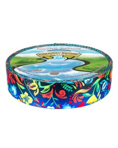 Brightly colored flowers and swirls on a contrasting blue background