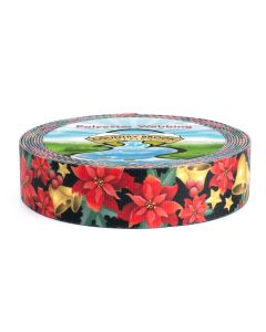 Black webbing with red poinsettias, gold stars, and gold bells