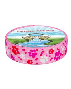 The webbing features a cute paw-print pattern on a soft pink background. It is decorated with scattered paw prints in red, hot pink, and white