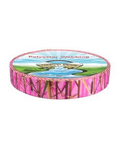 Bright pink background with brown, tan, olive green, and black branch accents