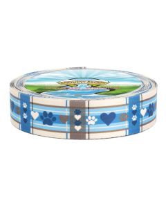 A soft plaid base in light blue, navy blue, cream, and taupe. Repeating icons layered into the design, including paw prints and hearts.