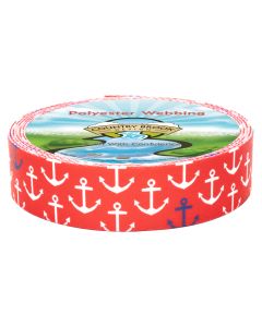 The pattern is a nautical anchor design set on a bright red background. It features repeating white anchors evenly spaced across the surface, with the occasional navy-blue anchor added for contrast.