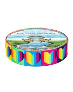 The pattern is bright and playful, featuring repeating heart shapes filled with vertical rainbow stripes.