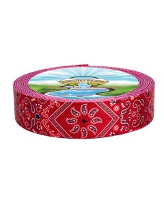 Webbing with paisley designs against a red background
