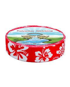 Large white hibiscus-style flowers with rounded petals and prominent stamen shapes on a bright red background