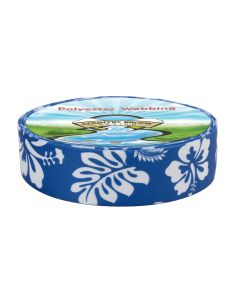 Large white hibiscus-style flowers with rounded petals and prominent stamen shapes on a blue background