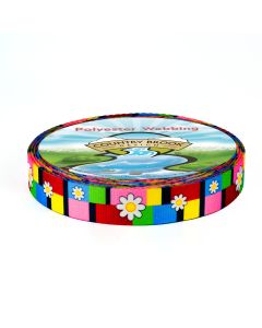 Abstract blocks of pink, green, blue, and red, the bloomed daisies float about in a wavy pattern.
