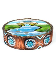 Silver teal stones and rhinestone conchos add a vibrant splash of color, on the brown background.