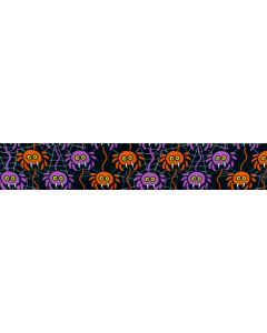 Black polyester webbing with spider webs and cartoon orange and purple spiders printed onto it