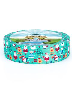 Teal background with all sorts of Christmas characters, like Santa, polar bear, penguins, reindeer, trees, along with snowflakes