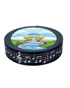 The pattern features a black background with a white musical staff running horizontally across the webbing. It includes music notes and a large treble clef, giving it a classic sheet-music / musical notation design.