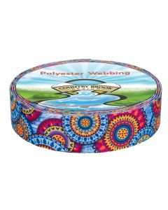 This webbing features a bright multicolor mandala-style pattern with large circular medallion designs. Colors like red, pink, yellow, orange, teal, and navy blue.