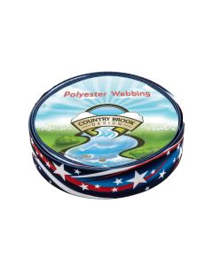 A roll of red, white and blue webbing with bright white stars printed onto it