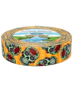 Orange webbing with green skulls along with red roses
