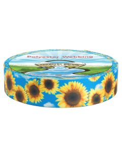 A roll of polyester webbing with a sky that has white, fluffy clouds and sunflowers printed onto it