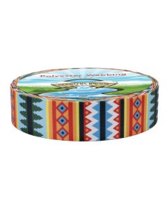 A roll of polyester webbing with a sky that has white, fluffy clouds and sunflowers printed onto it