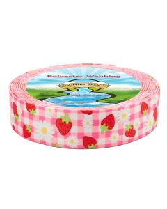 Polyester webbing featuring a pink gingham pattern with red strawberries and white daisy accents.