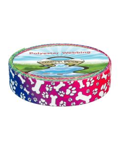 Webbing with white bones and paw prints against a rainbow background