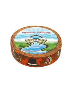 A roll of polyester webbing with autumn leaves, turkeys, and pilgrim hats printed onto it