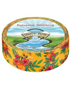 A roll of orange polyester webbing with Hawaiian flowers and palm leaves printed onto it