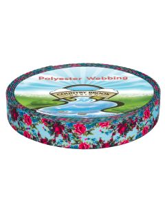 The pattern is a vintage-style floral design. It features deep red and pink roses with green leaves scattered across a light blue background, accented by small blue flowers.