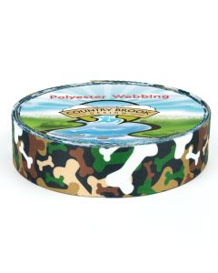 A roll of black polyester webbing with green, brown, tan, and white bones scattered on it to look like a camouflage pattern